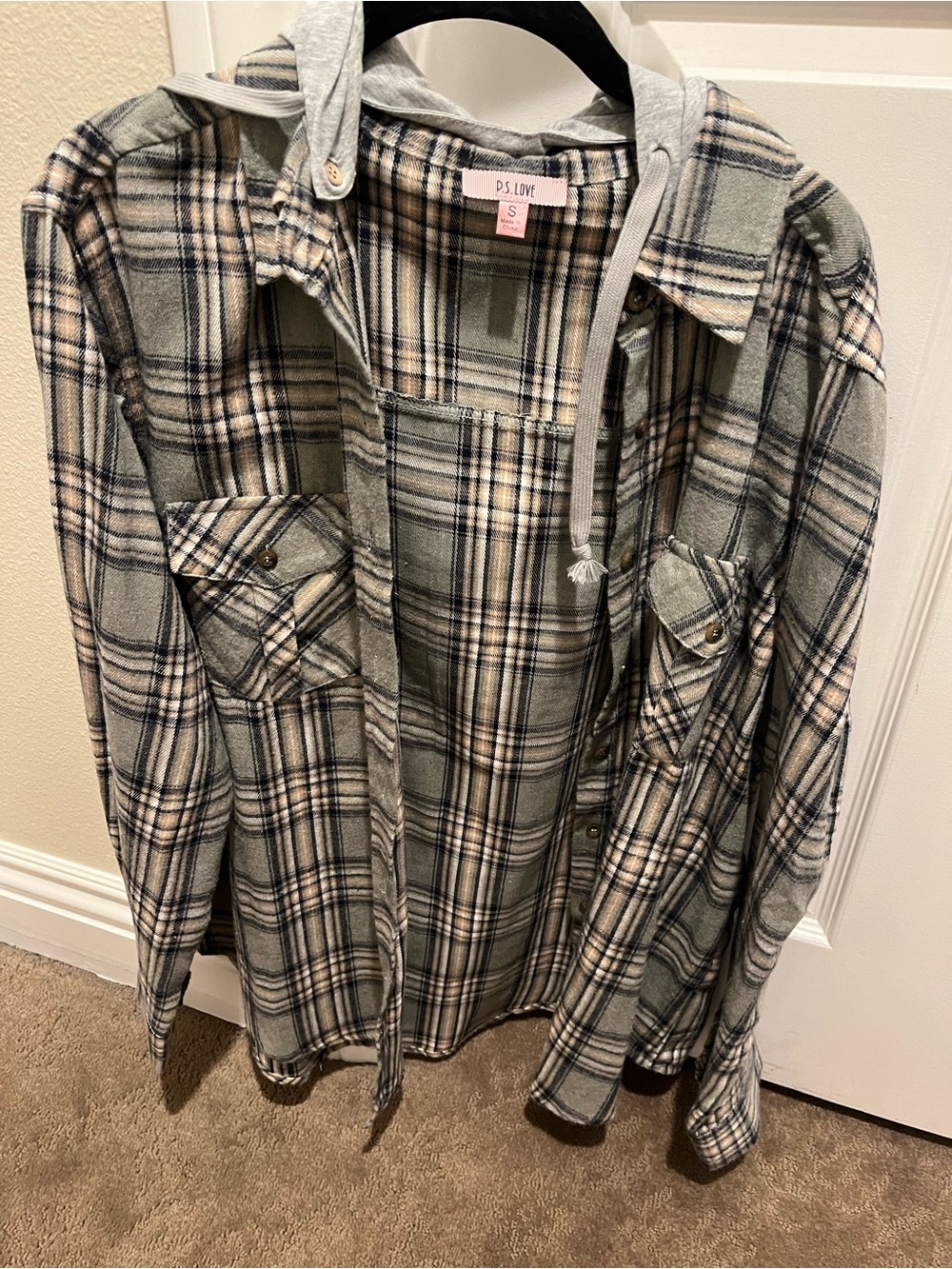 P.S. Love Green Plaid Button-Down Shirt with Removable Hood